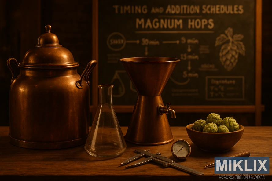 A bustling brewery workshop, dimly lit with warm, amber hues. On a wooden table, various brewing equipment is artfully arranged - a gleaming copper kettle, a funnel-shaped mash tun, and a set of precision measuring tools. In the background, a chalkboard displays detailed diagrams and notes, outlining the timing and addition schedules for utilizing Magnum hops. The atmosphere is one of focused experimentation, with an air of craftsmanship and attention to detail.