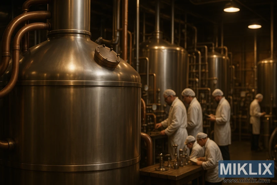 A large stainless steel brewing vat dominates the foreground, its gleaming surface reflecting the warm overhead lighting. Coils of thick copper piping snake around the vessel, regulating the temperature and pressure. In the middle ground, workers in white lab coats and hairnets carefully monitor the brew, taking readings and making adjustments. The background is filled with a maze of tanks, valves, and gauges, all part of the complex commercial brewing system. The air is thick with the earthy, floral aroma of Magnum hops, which are added at key stages to impart their signature bitterness and bold, piney notes.