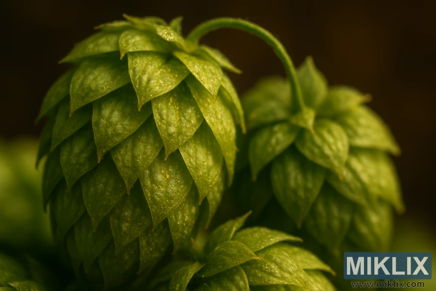 A close-up, macro photograph of the aromatic profile of Yakima Cluster hops. The foreground features densely clustered hop cones, their vibrant green hues and intricate lupulin glands in sharp focus. The middle ground showcases the resinous, sticky surfaces of the hop scales, revealing their potent essential oils. The background is softly blurred, drawing the viewer's attention to the textural details and the captivating scent of this renowned hop variety. Warm, directional lighting illuminates the scene, casting subtle shadows and highlighting the hop's alluring qualities. The overall mood is one of scientific curiosity and appreciation for the complexity of this vital brewing ingredient.