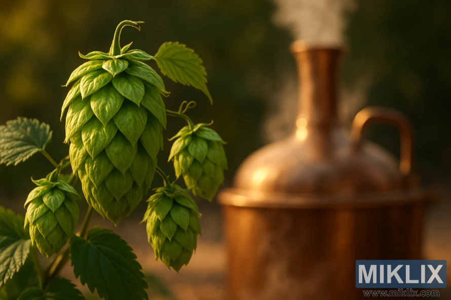 Yakima Cluster Hops in IPA brewing: A close-up of lush, verdant hop cones in warm, golden afternoon light. The lupulin-rich flowers burst with resinous notes, their emerald green leaves and intricate patterns casting delicate shadows. In the background, a copper brew kettle gently steams, the scent of citrusy, floral hop aromas filling the air. A shallow depth of field highlights the textural details of the hops, inviting the viewer to imagine the bold, complex flavors they will impart to the hoppy, golden-hued IPA.