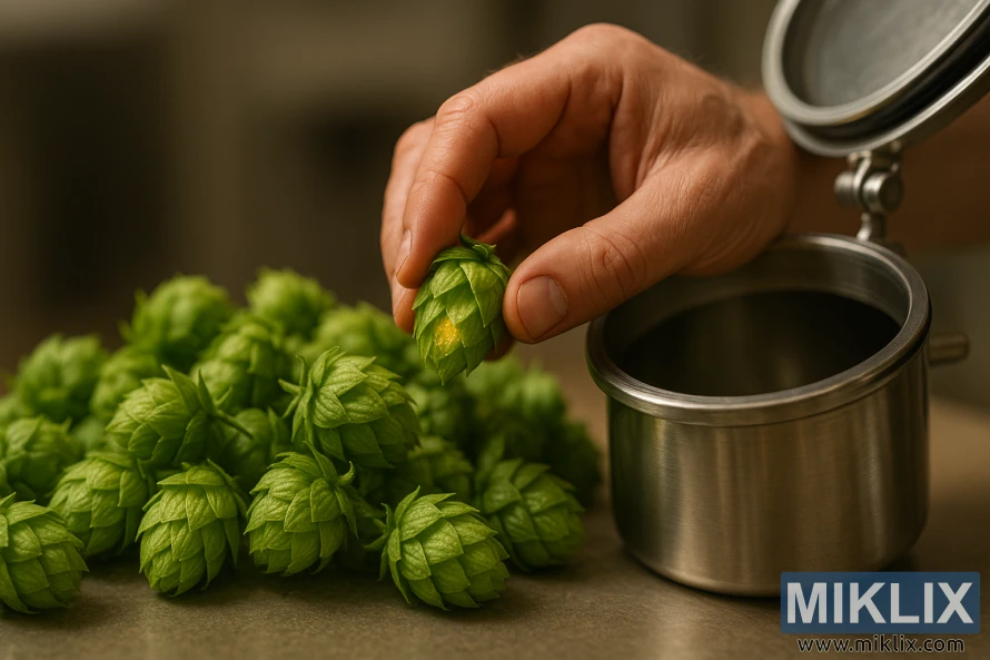 A close-up shot of an array of freshly harvested Yakima Cluster hops cones, their vibrant green hues and intricate lupulin glands on full display. In the foreground, a brewer's hand carefully separates the hops, exposing their pungent, citrusy aroma. The mid-ground features a stainless steel vessel, its lid open, ready to receive the hops for a precise dry hopping process. The background is blurred, highlighting the central focus on the hops and the brewer's technique. The lighting is soft and diffused, creating a warm, inviting atmosphere that captures the artistry and care of the dry hopping process.