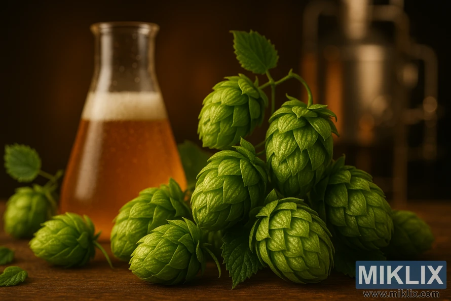 A vibrant close-up scene of freshly harvested Zenith hops, their bright green cones glistening under warm studio lighting. In the foreground, the hop cones are arranged in an artful display, their intricate textures and aromatic oils palpable. In the middle ground, a glass beaker filled with a golden-hued beer showcases the hop's essential oils infusing the brew. In the background, a blurred but recognizable beer brewing apparatus, suggesting the hops' crucial role in the production process. The image conveys a sense of craft, quality, and the integral connection between the Zenith hop and exceptional beer.