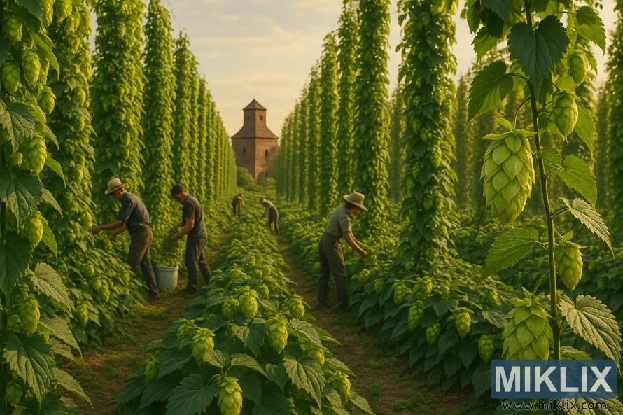 A lush, verdant hop field bathed in warm, golden sunlight. Rows of towering, hop-laden vines stretch out as far as the eye can see, their vibrant green leaves rustling gently in the light breeze. In the foreground, the delicate hop cones sway gracefully, their yellow lupulin glands brimming with aromatic oils. The middle ground reveals a team of experienced hop growers carefully harvesting the cones, their movements precise and efficient. In the distance, a historic hop kiln stands tall, its brick facade weathered by time, a testament to the long-standing tradition of Zenith hop cultivation. The overall scene exudes a sense of rustic tranquility and reverence for the art of hop growing.