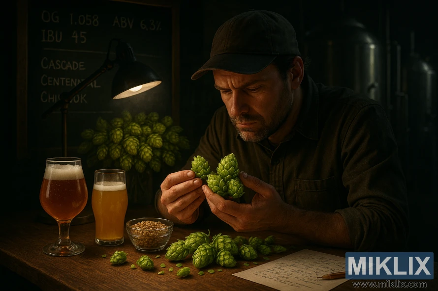 Brewer ispituje živopisne zelene hmelje pod mekim svetlom u pivnici.