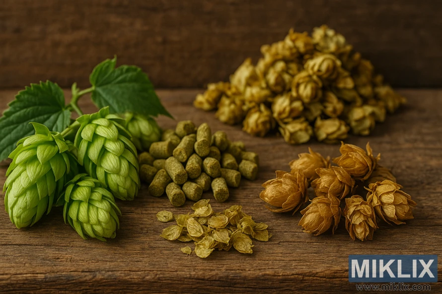 Nature morte représentant différentes variétés de houblon utilisées dans le brassage de la bière, capturée sous un éclairage naturel et chaleureux. Au premier plan, des grappes de houblon frais et d'un vert éclatant, aux cônes délicats et complexes, mettent en valeur leur texture et leurs qualités aromatiques uniques. Au second plan, un assortiment de granulés de houblon séchés et de cônes entiers, chaque variété étant représentée distinctement dans un agencement harmonieux. L'arrière-plan, une surface en bois patiné, évoque le caractère artisanal et rustique du brassage de la bière. L'ensemble évoque le savoir-faire artisanal, le souci du détail et l'importance d'une sélection de houblon de haute qualité dans le processus de fabrication de la bière.