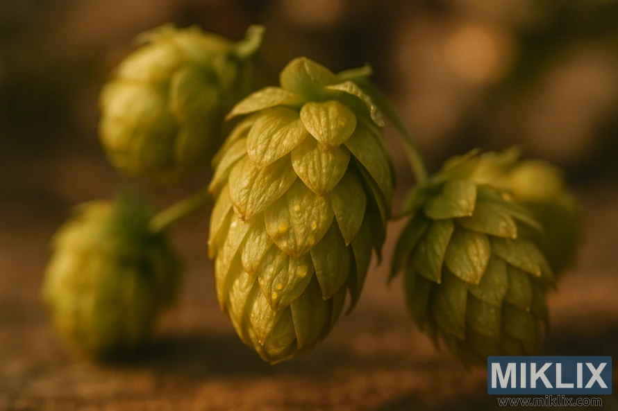 Gros plan sur des cônes de houblon exposés à la lumière naturelle, mettant en valeur leurs glandes lupulines complexes et leurs teintes vert-or éclatantes. L'image, aux tons chauds et terreux, met en valeur les textures organiques et la richesse aromatique du houblon. L'arrière-plan flou suggère délicatement un environnement de brassage, permettant au spectateur de se concentrer sur les caractéristiques sensorielles du houblon. L'éclairage doux et diffus accentue les structures délicates et l'aspect résineux du houblon. La composition est équilibrée, attirant le regard vers les cônes de houblon centraux, bien définis, invitant le spectateur à explorer leurs détails captivants.
