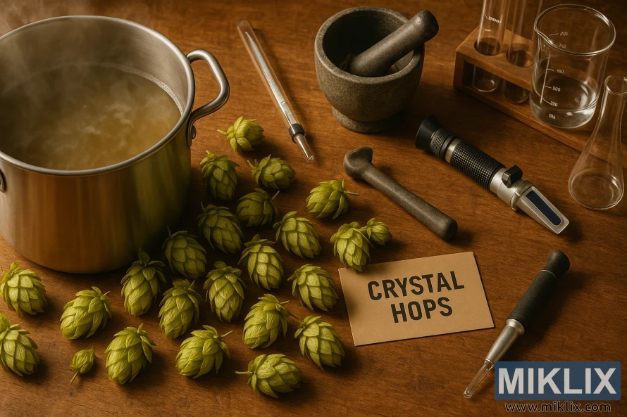 Vue aérienne nette et bien éclairée d'une table de brassage en bois, présentant divers outils et techniques de travail du houblon cristal. Au premier plan, une cuve de brassage en acier inoxydable fume doucement, entourée d'une sélection de cônes de houblon frais et parfumés. Au second plan, un mortier et un pilon sont prêts à écraser méticuleusement le houblon, tandis qu'un densimètre et un réfractomètre fournissent des mesures précises. À l'arrière-plan, une rangée de béchers en verre et d'éprouvettes évoque la précision scientifique requise pour brasser cette variété de houblon unique. La scène est baignée d'une lumière naturelle et chaleureuse, créant une atmosphère d'artisanat et d'expérimentation.