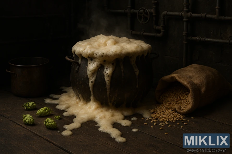 Erreurs de brassage : une histoire édifiante. Au premier plan, un chaudron de moût bouillonnant, submergé par un chaos moussant. On y voit des restes de houblon, un sac de céréales renversé et une cuve de brassage rouillée. Un éclairage tamisé projette des ombres inquiétantes, laissant entrevoir les défis invisibles du métier de brasseur. À l'arrière-plan, un enchevêtrement de tuyaux et de vannes témoigne de la complexité du processus. L'atmosphère est à la frustration et à l'incertitude, contrastant fortement avec la joie d'une bière bien brassée. Cette scène rappelle brutalement l'importance du souci du détail et de la vigilance dans le processus de brassage.