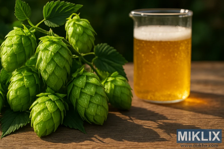 Close-up of lush El Dorado hop cones with a golden beer beaker in soft light.