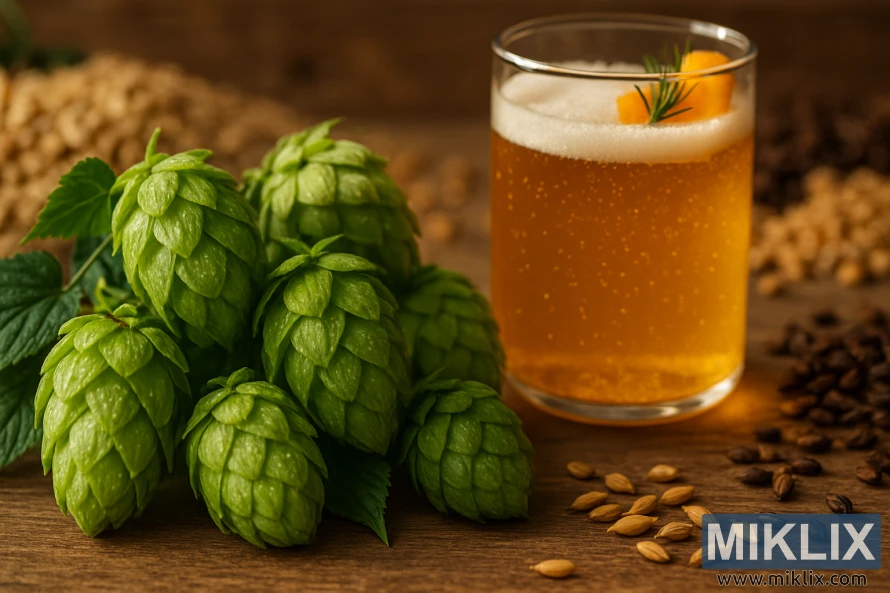 Fresh green hop cones with a golden beer and brewing grains on a wooden surface.
