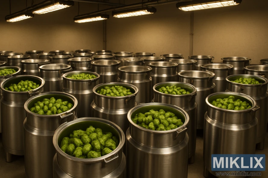 Stainless steel tanks in a hop storage facility reflecting warm light.