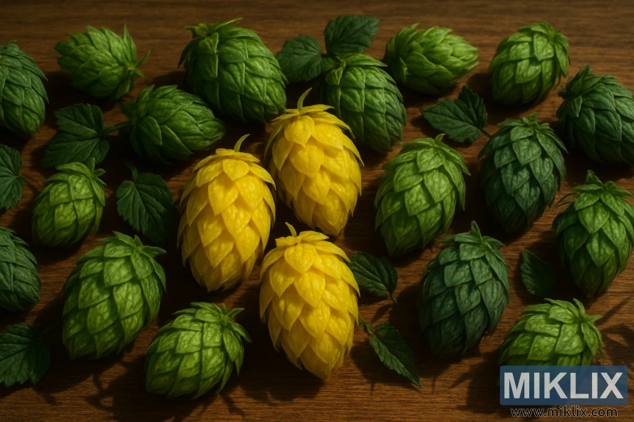 El Dorado hops with Mosaic, Cascade, and Amarillo cones on wood surface.