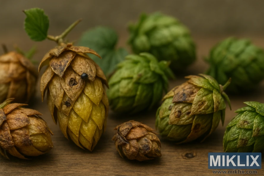 Close-up of hop cones with discoloration, shriveling, and pest damage.