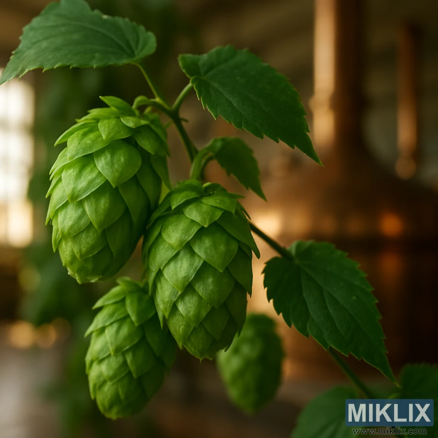 Close-up of vibrant green Fuggle hop cones with copper kettles blurred behind.