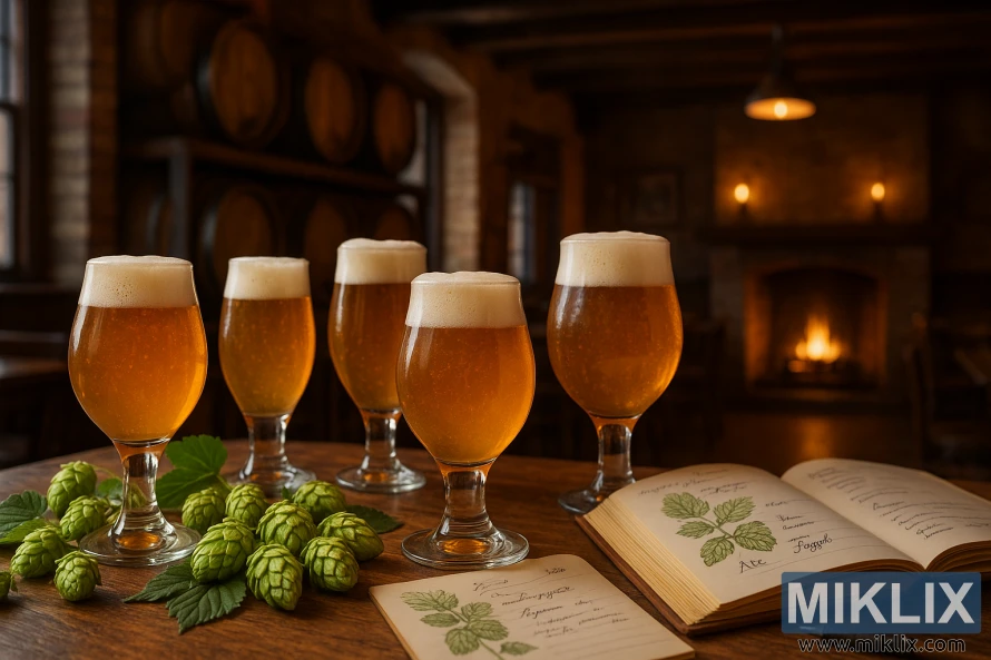 Pub interior with golden ales, fresh Fuggle hops, and oak barrels in warm light.