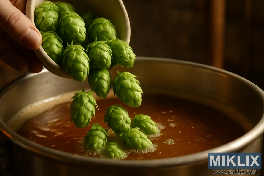 Close-up of Fuggle hops added to amber wort in a brewing vessel under warm light.