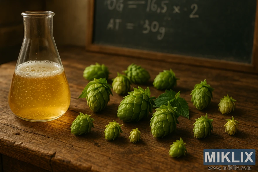 Rustic table with Fuggle hops, a beaker of golden liquid, and brewing notes on a chalkboard.