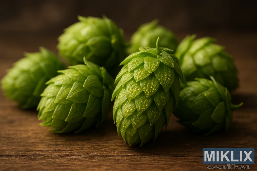 Close-up of fresh Furano Ace hops on a wooden surface with golden lupulin.