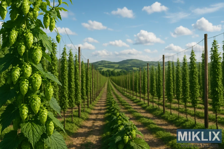 Lush hop bines on trellises in a sunny hop farm with rolling hills.