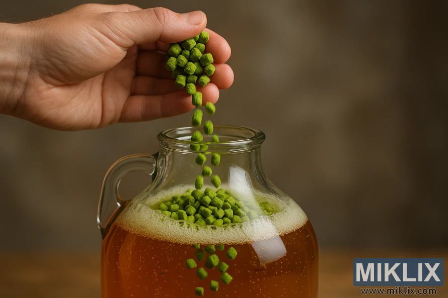 Hand sprinkles green Furano Ace hop pellets into amber beer carboy.