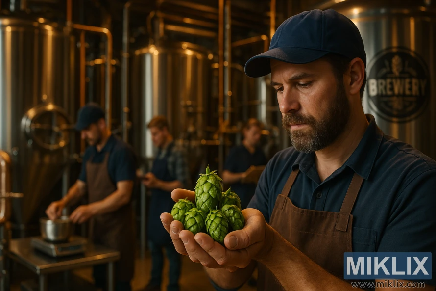 Brewer inspects vibrant Furano Ace hops in a busy stainless steel brewery.