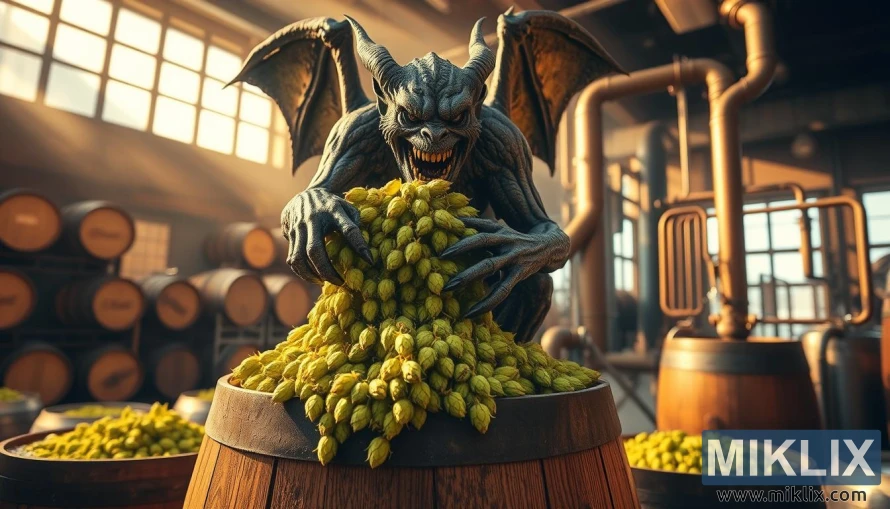 Gargoyle atop a wooden barrel in a brewery, hops spilling from its hands under warm golden light, casks and equipment behind.