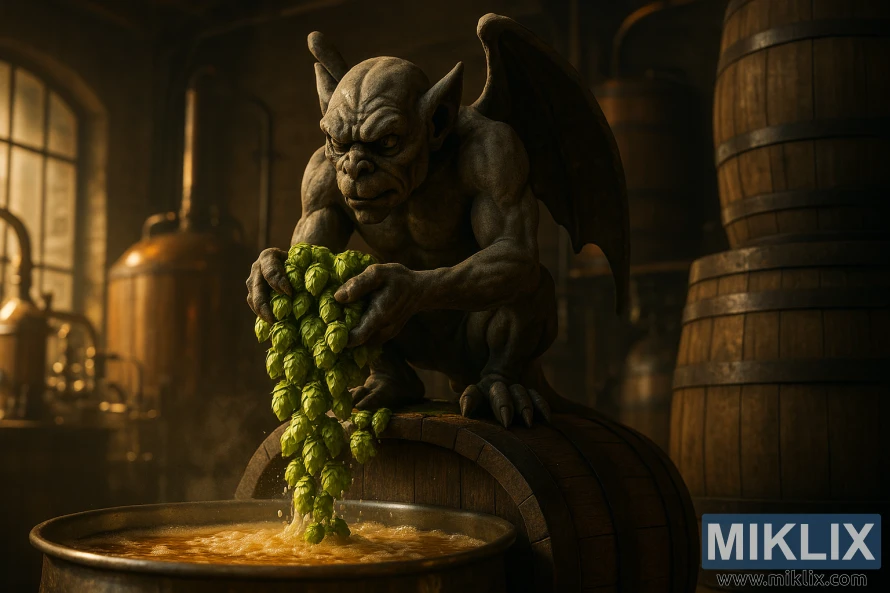 Gargoyle on a barrel pours hops into bubbling wort in a golden-lit brewery with casks and equipment behind.