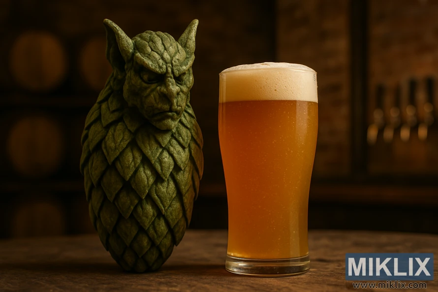 Gargoyle-shaped hop cone towers over a golden hazy IPA in a warm-lit taproom with barrels and brick walls.
