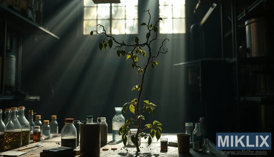 Gargoyle-shaped hop plant looms in a dim brewing lab with beakers, test tubes, and eerie light through grimy windows.