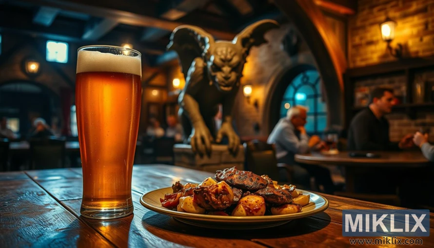 Foaming amber beer and roasted meal on a tavern table, shadowed by a stone gargoyle statue in warm rustic light.