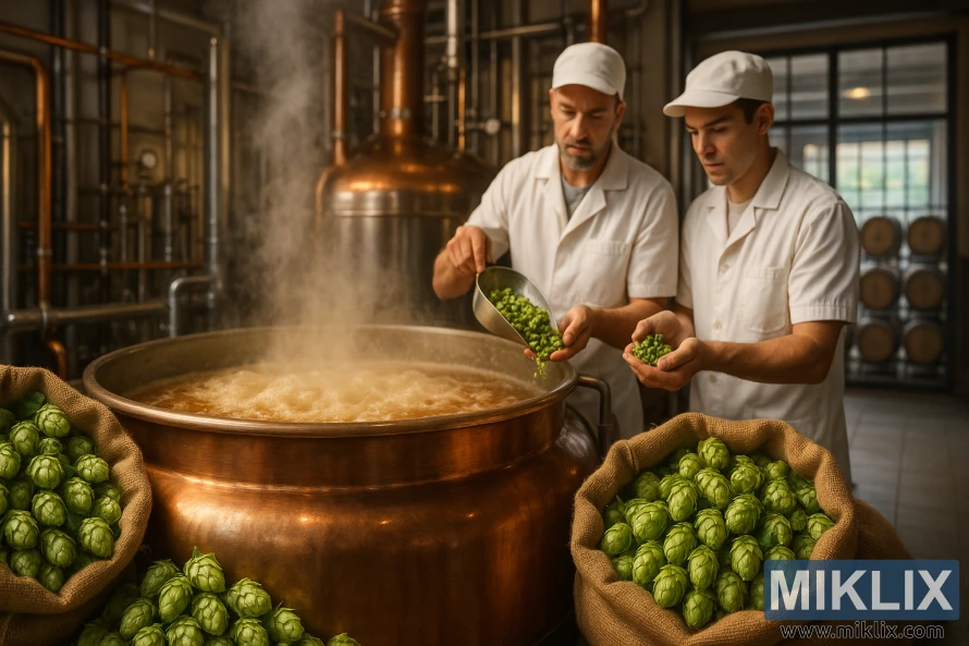 Burlap sacks of Hersbrucker hops beside brewers adding them to a boiling kettle in a modern, warmly lit brewery.