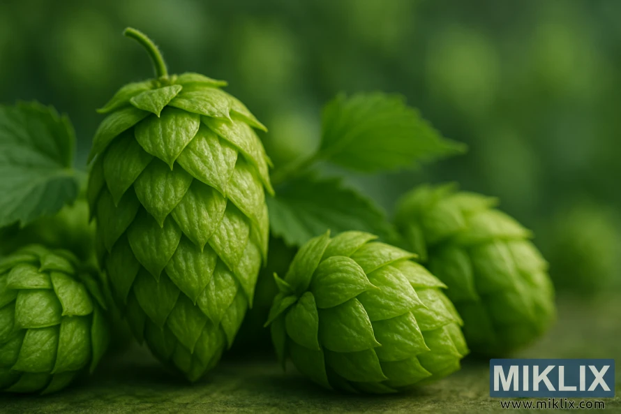 Close-up of fresh Lucan hop cones glowing green with visible lupulin glands against a blurred hop field background.