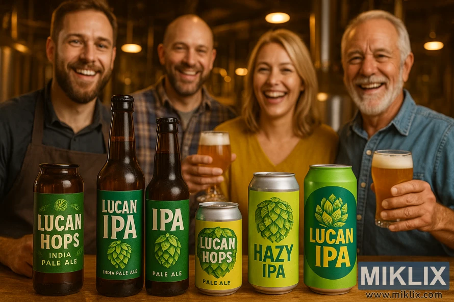 Collage of Lucan hops beer bottles and cans with brewers and customers in a bustling, warmly lit brewery backdrop.