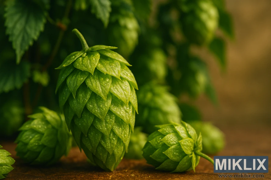 Close-up kerucut hop Motueka segar bersinar hijau dengan kelenjar lupulin, diletakkan pada latar belakang pohon hop yang rimbun dalam cahaya hangat yang lembut.