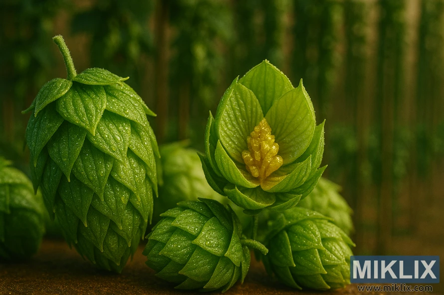 Tampilan dekat kerucut hop Motueka dengan kelenjar lupulin yang terlihat, daun hijau menyala, dan tanaman bine teralis yang kabur di latar belakang.