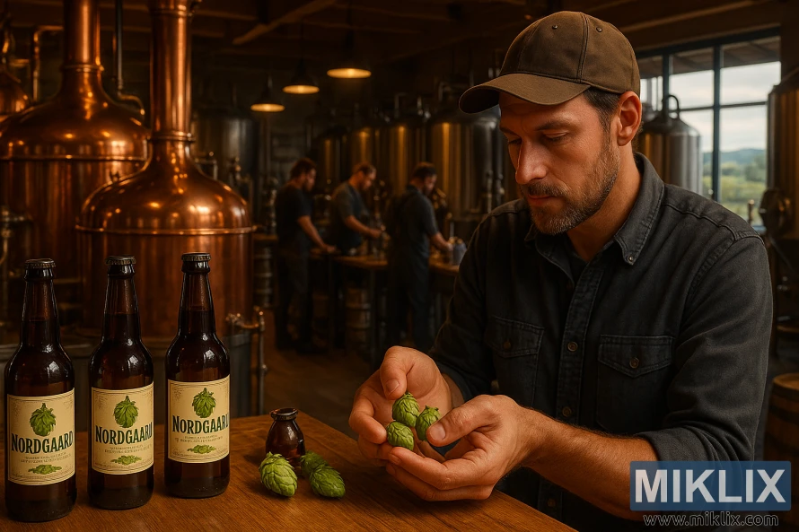 Brewmaster inspects fresh Nordgaard hops in a warm brewery with copper kettles, workers brewing, and beers on display.
