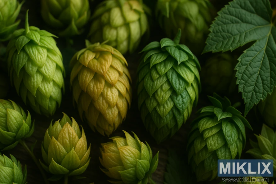 Close-up berbagai kerucut dan daun hop dalam cahaya alami yang lembut, menonjolkan tekstur dan warna dengan fokus pada Pacific Jade.