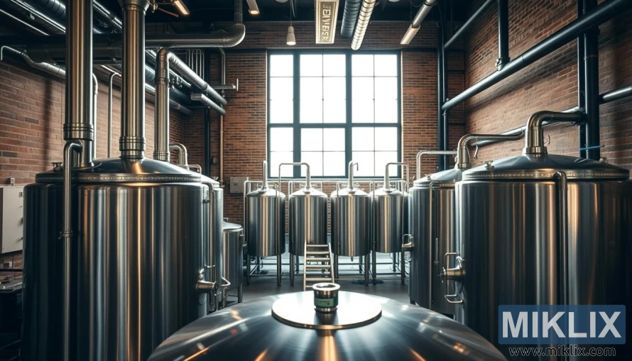 Moderný interiér pivovaru v industriálnom štýle, ktorý predstavuje komerčné využitie chmeľu Spalter Select Hops pri výrobe piva. V popredí výrazne vyniká nerezový varný kotol, ktorého lesklý povrch odráža teplé, ambientné osvetlenie. Zložité potrubia a ventily nad hlavou naznačujú sofistikovaný proces varenia piva. V strede sa nachádza rad fermentačných nádrží, ktorých valcovité tvary naznačujú rozsah prevádzky. V pozadí sú odhalené tehlové steny a veľké okná, ktoré umožňujú prenikanie prirodzeného svetla a osvetľovanie scény. Celková atmosféra vyjadruje pocit precíznosti, efektívnosti a remeselného spracovania, ktoré je vlastné komerčnej výrobe piva.