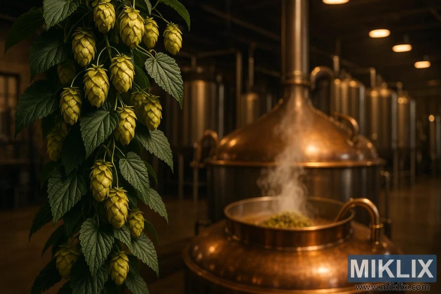A vibrant scene of an African Queen hop plant taking center stage in a modern beer brewing operation. In the foreground, the hop bines cascade gracefully, their deep green leaves and golden cones shimmering under warm studio lighting. The middle ground features a large metal brew kettle, gleaming with polished copper, where the hops are being added to the boiling wort. In the background, the interior of the brewhouse is visible, with stainless steel fermentation tanks and a sense of organized activity. The overall mood is one of artisanal craftsmanship, blending traditional African botanical elements with state-of-the-art brewing technology.