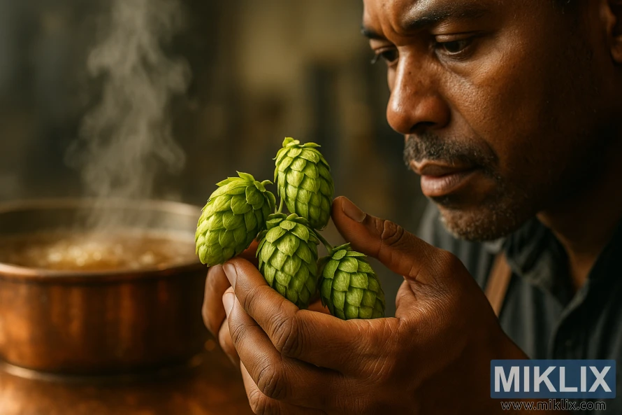 A close-up view of an expert brewer meticulously handling a cluster of vibrant, green African Queen hops. In the foreground, the brewer's hands carefully examine the aromatic cones, their fingers gently caressing the delicate lupulin glands. In the middle ground, a copper brewpot simmers with a fragrant wort, steam rising in wisps. Soft, natural lighting floods the scene, casting a warm, golden glow that highlights the textures of the hops and the brewer's focused expression. The background is slightly blurred, allowing the viewer to concentrate on the intricate process of incorporating these unique hops into the brewing technique.