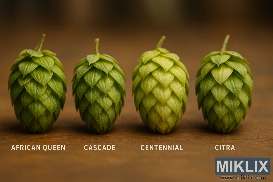 A high-quality close-up comparison of fresh African Queen hop cones placed alongside other popular hop varieties such as Cascade, Centennial, and Citra. The hops are illuminated by soft, natural lighting, highlighting their intricate textures, colors, and distinct aromas. The image is captured at an angle that emphasizes the unique characteristics of each hop type, allowing the viewer to appreciate the subtle differences in size, shape, and lupulin content. The background is slightly blurred, keeping the focus on the carefully arranged hop cones and creating a sense of depth and perspective. The overall composition conveys a sense of scientific study and appreciation for the diverse world of hops, complementing the article's exploration of using African Queen hops in beer brewing.