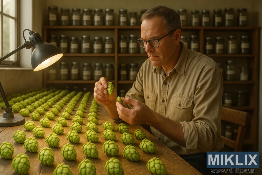 An airy, sunlit workshop with rows of neatly organized African Queen hop cones arranged on a worn wooden table. A skilled quality control inspector examines the hops, meticulously inspecting each cone's color, aroma, and texture under the warm glow of a desk lamp. The background features a wall of shelves stocked with labeled jars and canisters, hinting at the rigorous quality assurance process. The image conveys a sense of expertise, attention to detail, and the pride taken in ensuring the highest quality of these prized hops for discerning brewers.