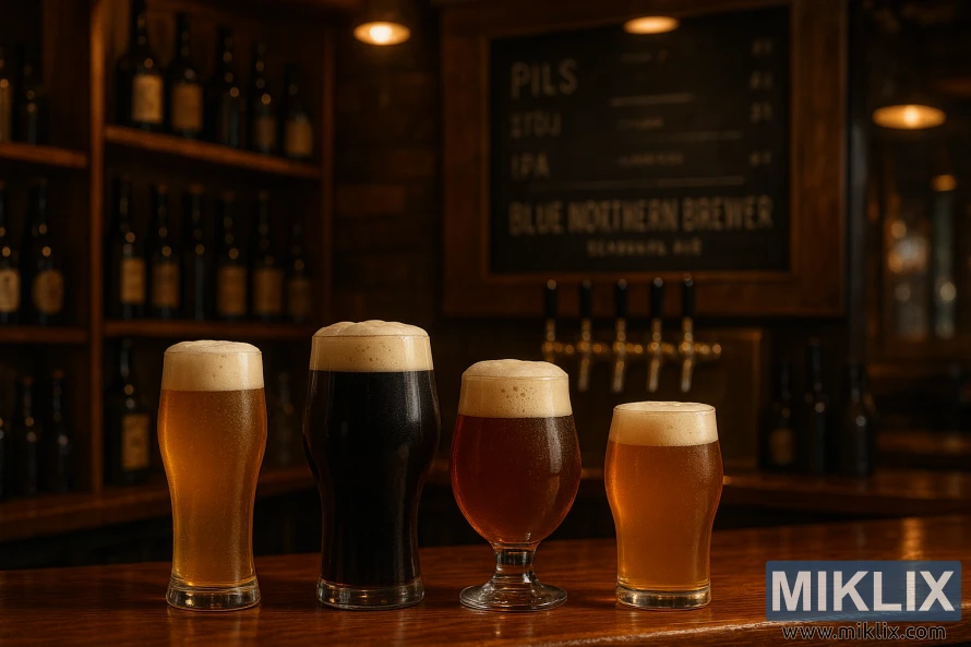 A cozy brewpub interior, dimly lit with warm golden tones, showcasing an array of beer glasses filled with various beer styles. In the foreground, a selection of popular beer styles such as a crisp pilsner, a rich stout, a hoppy IPA, and a golden ale, each with distinctive colors and foam textures. In the middle ground, a wooden bar counter with a selection of beer taps, surrounded by shelves displaying an assortment of beer bottles and growlers. In the background, a wall-mounted chalkboard menu highlighting the brewery's offerings, including a special &quot;Blue Northern Brewer&quot; seasonal ale. Subtle reflections and shadows add depth and atmosphere to the scene, creating an inviting and authentic beer-lover's haven.