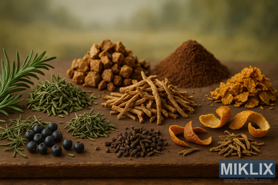 A vibrant still life featuring a diverse array of hop substitutes, shot with a crisp, high-resolution lens. In the foreground, an assortment of dried herbs, spices, and botanical elements, including rosemary, thyme, juniper berries, and citrus peels, arranged in a visually striking composition. The middle ground showcases a variety of alternative bittering agents, such as dandelion root, chicory, and licorice root, presented in a rustic, earthy manner. The background features a soft, blurred landscape, hinting at the natural origins of these hop alternatives, creating a sense of balance and harmony. The overall lighting is warm and inviting, accentuating the rich colors and textures of the ingredients, evoking the mood of a traditional brewing environment.