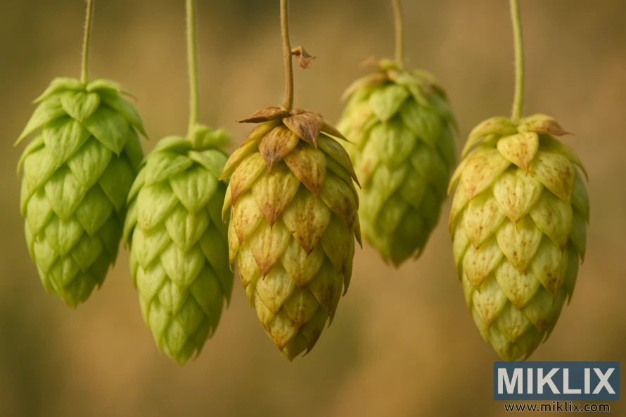 A close-up, high-resolution photo of various hop cones displaying a range of natural color and texture variations, set against a softly blurred background and illuminated with warm, diffused lighting. The image emphasizes detailed inspection and quality control in artisanal brewing.
