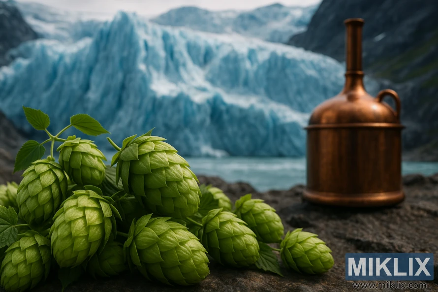 A majestic glacier, its icy blue hues gleaming under soft, diffused lighting, serves as the backdrop for a carefully curated display of Glacier hops. In the foreground, plump, verdant hop cones cascade gracefully, their delicate structures captured in sharp focus. The middle ground features a vintage copper brew kettle, its polished surface reflecting the glacier's icy splendor. The scene emanates a sense of crisp, clean, and refreshing atmosphere, perfectly embodying the essence of using Glacier hops in the art of beer brewing.