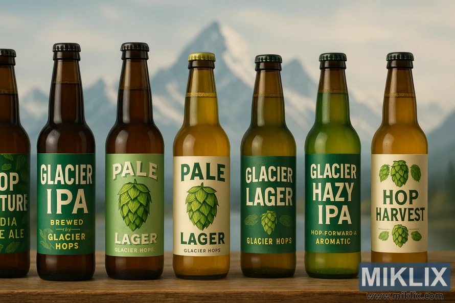 A crisp, clean-lined commercial display showcasing a vibrant array of bottled craft beers featuring the distinctive Glacier hop. The foreground features an assortment of various beer labels and bottles, with a focus on their unique hop-forward flavors and aromas. The middle ground features a rustic wooden surface, perhaps a bar or retail shelf, to ground the scene. The background depicts a soft, hazy landscape, evoking the majestic glacial mountains that gave Glacier hops their name. The lighting is bright and natural, with a subtle warm glow to highlight the vibrant hop-infused colors of the beers. The overall mood is one of quality, craftsmanship, and the intersection of nature and industry in the world of artisanal brewing.