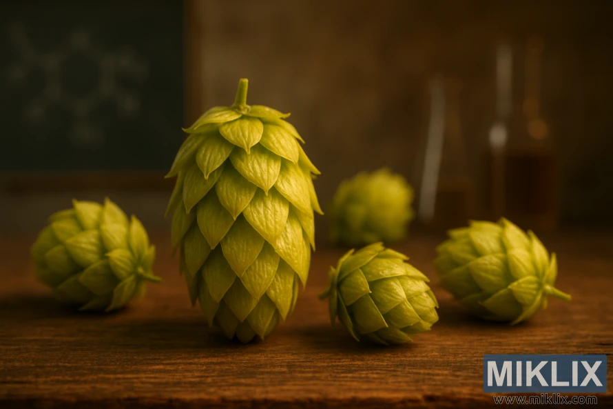 A close-up view of a selection of Melba hop cones on a wooden surface, illuminated by soft, warm lighting. The hops are displayed against a blurred, industrial-style background, with a focus on the intricate textures and vibrant green-yellow hues of the cones. The composition highlights the chemical and brewing properties of this hop variety, showcasing its potential for creating unique and aromatic beers. The image conveys a sense of scientific curiosity and the craftsmanship of the brewing process.