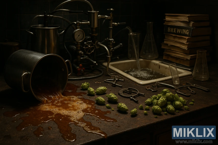 A chaotic kitchen counter, cluttered with brewing equipment and ingredients. In the foreground, a spilled pot of wort, hops cascading across the surface. Behind it, a partially assembled brew stand, gears and valves in disarray. In the background, an overflowing sink, dirty glassware and a towering stack of unread brewing manuals. Dramatic shadows cast by a single overhead light, creating a moody, almost foreboding atmosphere. The overall scene conveys a sense of inexperience and hasty, sloppy work - the brewing mistakes that can arise when trying to brew Melba hop-infused beer.