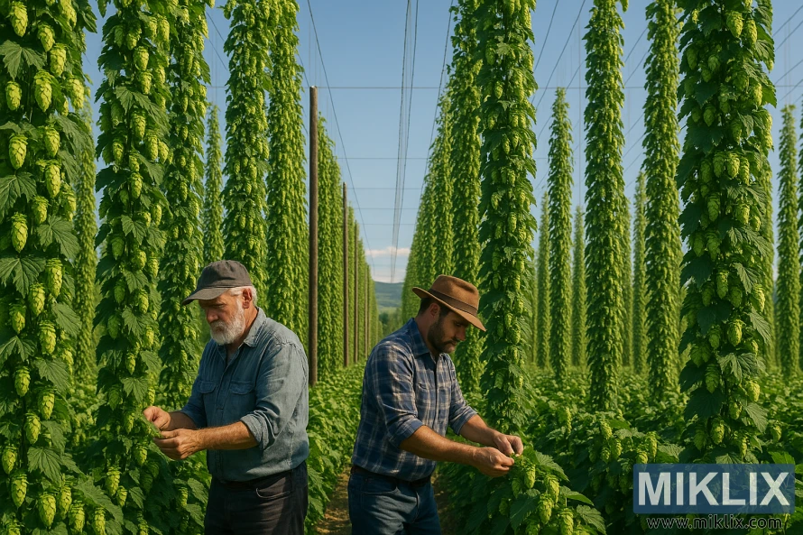 A lush, verdant field of Perle hops in full bloom, their vibrant green cones gently swaying in a soft breeze. In the foreground, a pair of experienced hop farmers carefully tend to the vines, their movements deliberate and practiced. The middle ground reveals the intricate trellis system supporting the hops, the wooden posts and wire lines creating a captivating geometric pattern. In the distance, a picturesque landscape of rolling hills and a clear blue sky, bathed in the warm glow of the afternoon sun. The scene radiates a sense of tradition, heritage, and the skilled cultivation of this historic hop variety.